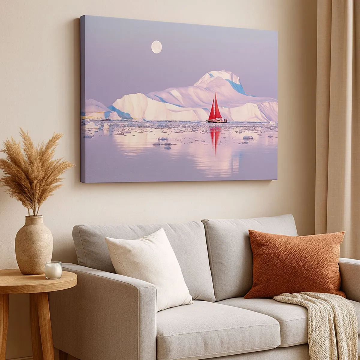 Bild auf Leinwand - Leinwandbild - Ein rotes Segel vor der Kulisse eisiger Berge und eines Vollmonds. - 70x50cm - Die Hitze des Segels, die Kälte des Eises - Moderne Wanddekoration für Wohnzimmer und Schlafzimmer ARTTOR