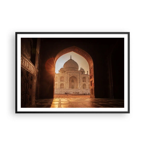 Poster in einem schwarzem Rahmen - Taj Mahal im Sonnenlicht vom Torbogen aus gesehen - 100x70cm - Denkmal der überirdischen Liebe - Moderne Wanddekoration für Wohnzimmer und Schlafzimmer ARTTOR