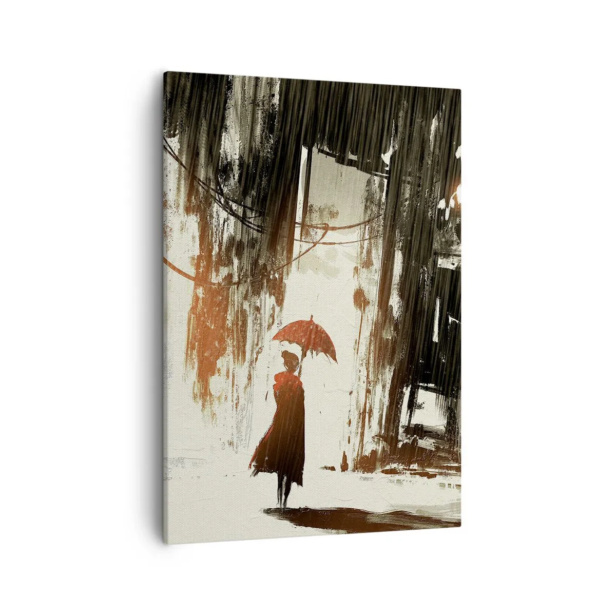 Bild auf Leinwand - Leinwandbild - Eine rote Figur mit einem Regenschirm in einer regnerischen Szene - 50x70cm - Die Poesie des roten Regenschirms - Moderne Wanddekoration für Wohnzimmer und Schlafzimmer ARTTOR