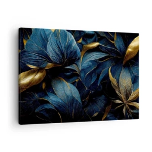 Bild auf Leinwand - Leinwandbild - Elegante Blätter in Gold- und Marineblautönen - 70x50cm - Mit Gold gefüttert - Moderne Wanddekoration für Wohnzimmer und Schlafzimmer ARTTOR