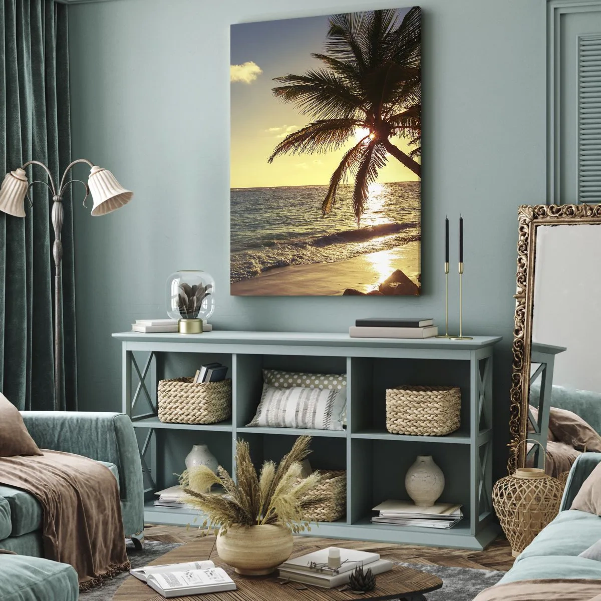 Bild auf Leinwand - Leinwandbild - Tropischer Sonnenuntergang über einem Strand mit Palmen - 80x120cm - Sommer unter Palmen - Moderne Wanddekoration für Wohnzimmer und Schlafzimmer ARTTOR
