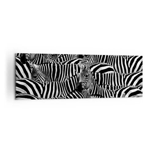 Bild auf Leinwand - Leinwandbild - Eine Gruppe Zebras mit schwarzen und weißen Streifen, die ein symmetrisches Muster bilden. - 160x50cm - Gestreiftes Gruppenportrait - Moderne Wanddekoration für Wohnzimmer und Schlafzimmer ARTTOR
