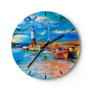 Wanduhr - Glasuhr - Ein Leuchtturm und Boote in einer farbenfrohen, malerischen Umgebung - 30x30cm - Ein Nachmittag in der Regenbogenbucht - Moderne Wanddekoration für Wohnzimmer, Küche und Schlafzimmer ARTTOR