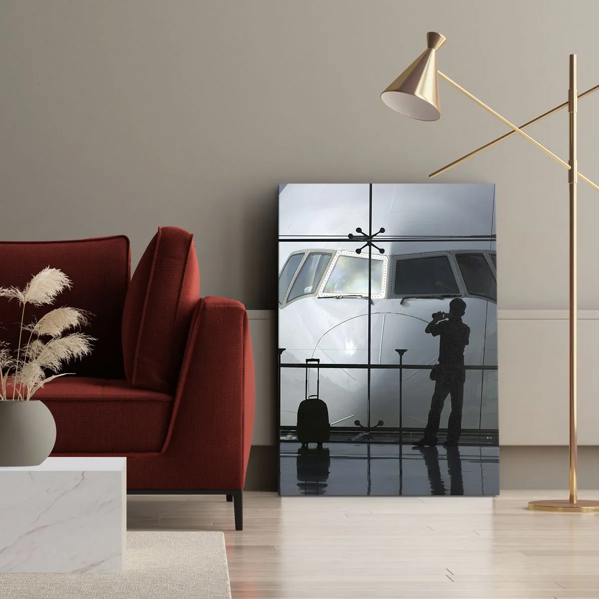 Bild auf Leinwand - Leinwandbild - Flughafen mit Silhouetten von Menschen und Blick auf das Flugzeug - 50x70cm - Vis a vis am Flughafen - Moderne Wanddekoration für Wohnzimmer und Schlafzimmer ARTTOR