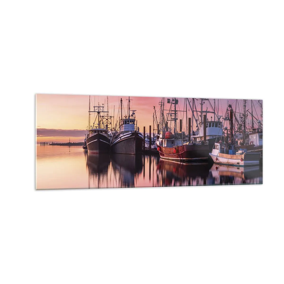 Glasbild - Bild auf glas - Fischerboote im Hafen bei Sonnenuntergang - 140x50cm - Vor dem nächsten Tag - Moderne Wanddekoration für Wohnzimmer und Schlafzimmer ARTTOR