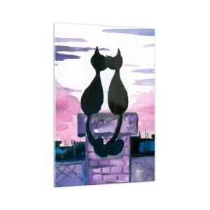 Glasbild - Bild auf glas - Schwarze Katzen auf einem Dach im Mondlicht in einer Aquarell-Kulisse - 70x100cm - Rendez-vous unter dem Mond - Moderne Wanddekoration für Wohnzimmer und Schlafzimmer ARTTOR