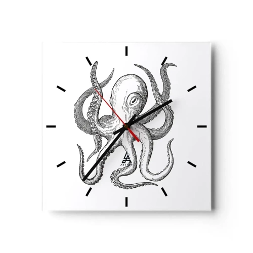 Wanduhr - Glasuhr - Schwarz-weiße Zeichnung eines Oktopus auf weißem Hintergrund im Vintage-Stil - 30x30cm - Mit den Wellen tanzen - Moderne Wanddekoration für Wohnzimmer und Schlafzimmer ARTTOR