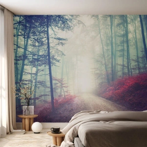 Fototapete Premium Sand - Ein Waldweg im Nebel mit zauberhaften Farben der Blätter - 100x70cm - Wie gut ist es, im Morgengrauen aufzustehen - Moderne Wanddekoration für Wohnzimmer und Schlafzimmer ARTTOR