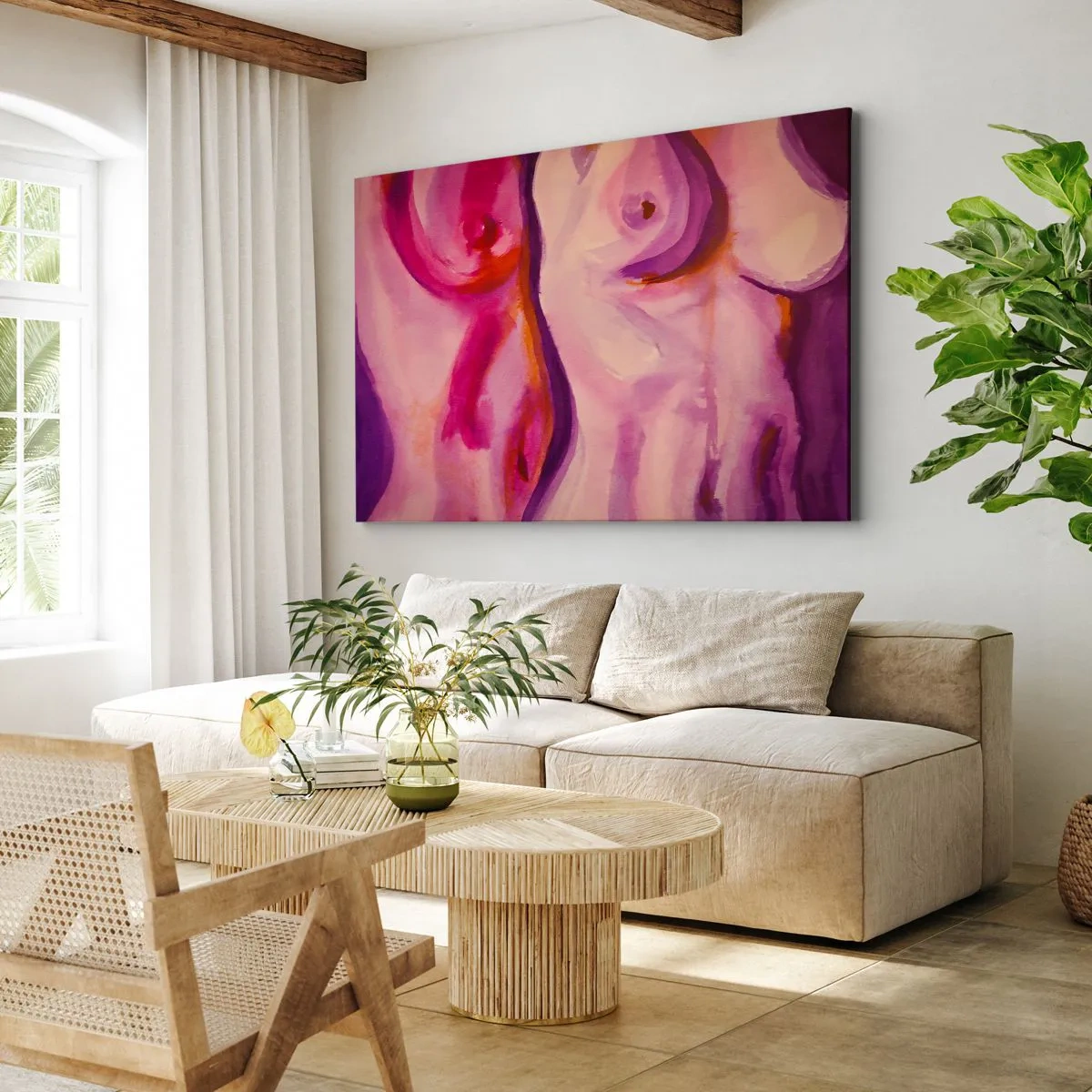 Bild auf Leinwand - Leinwandbild - Eine abstrakte Interpretation der weiblichen Silhouette in Rosa- und Lilatönen. - 120x80cm - Ode an die Weiblichkeit - Moderne Wanddekoration für Wohnzimmer und Schlafzimmer ARTTOR