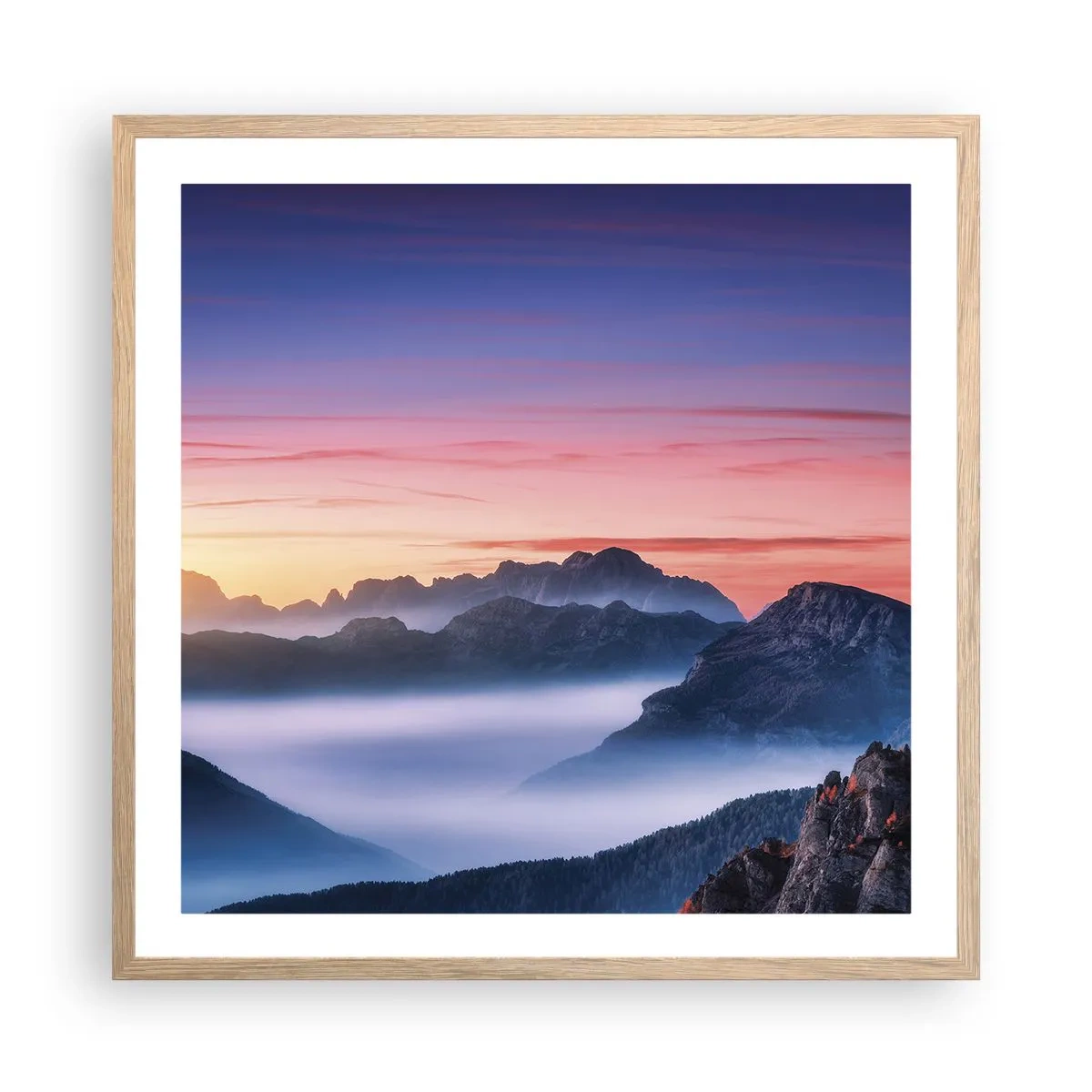 Poster in einem Rahmen aus heller Eiche - Über die Täler - 60x60 cm