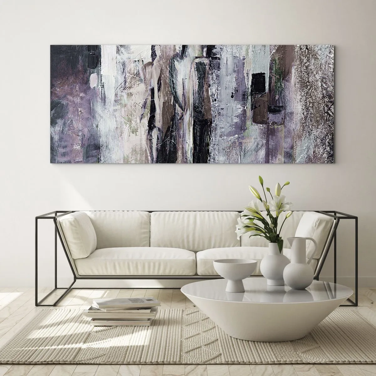 Glasbild - Bild auf glas - Eine abstrakte Komposition mit drei Figuren in Pastellfarben. - 160x50cm - Die geheimnisvolle Drei - Moderne Wanddekoration für Wohnzimmer und Schlafzimmer ARTTOR