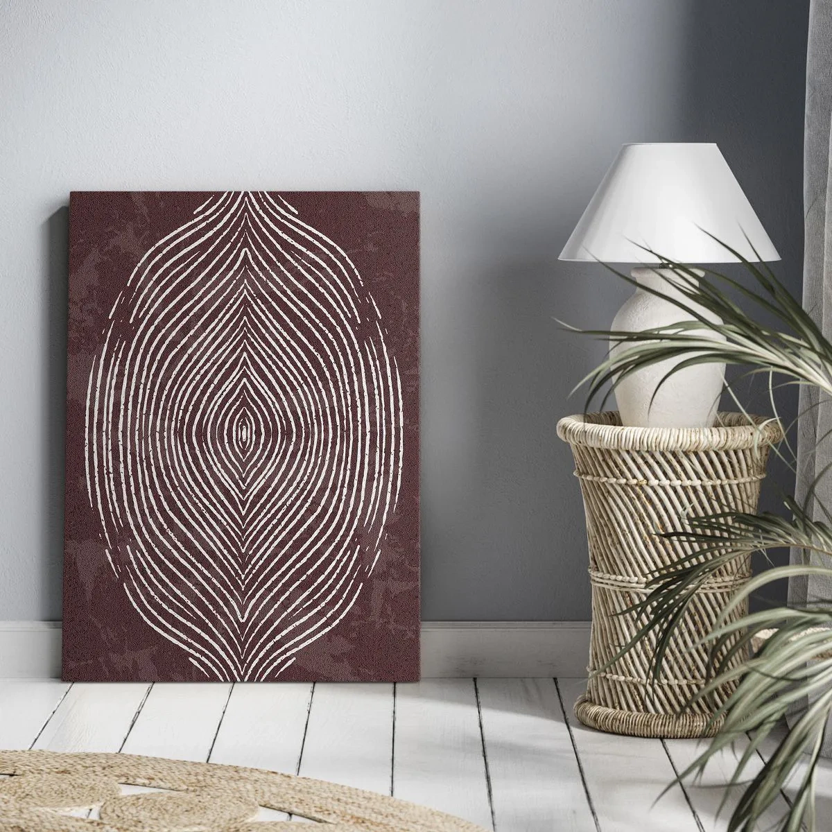 Bild auf Leinwand - Leinwandbild - Symmetrische Wellen in weißen Linien auf braunem Hintergrund - 50x70cm - Der Raum spricht - Moderne Wanddekoration für Wohnzimmer und Schlafzimmer ARTTOR