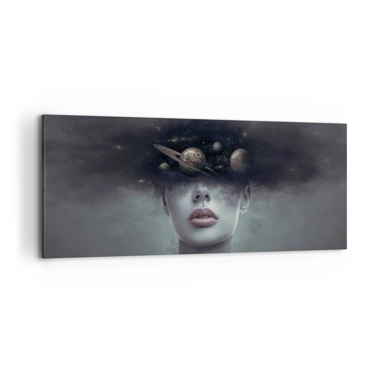 Bild auf Leinwand - Leinwandbild - Ein Frauengesicht mit einem Planeten- und Weltraummotiv im Hintergrund - 120x50cm - Und die Planeten spielen verrückt ... - Moderne Wanddekoration für Wohnzimmer und Schlafzimmer ARTTOR