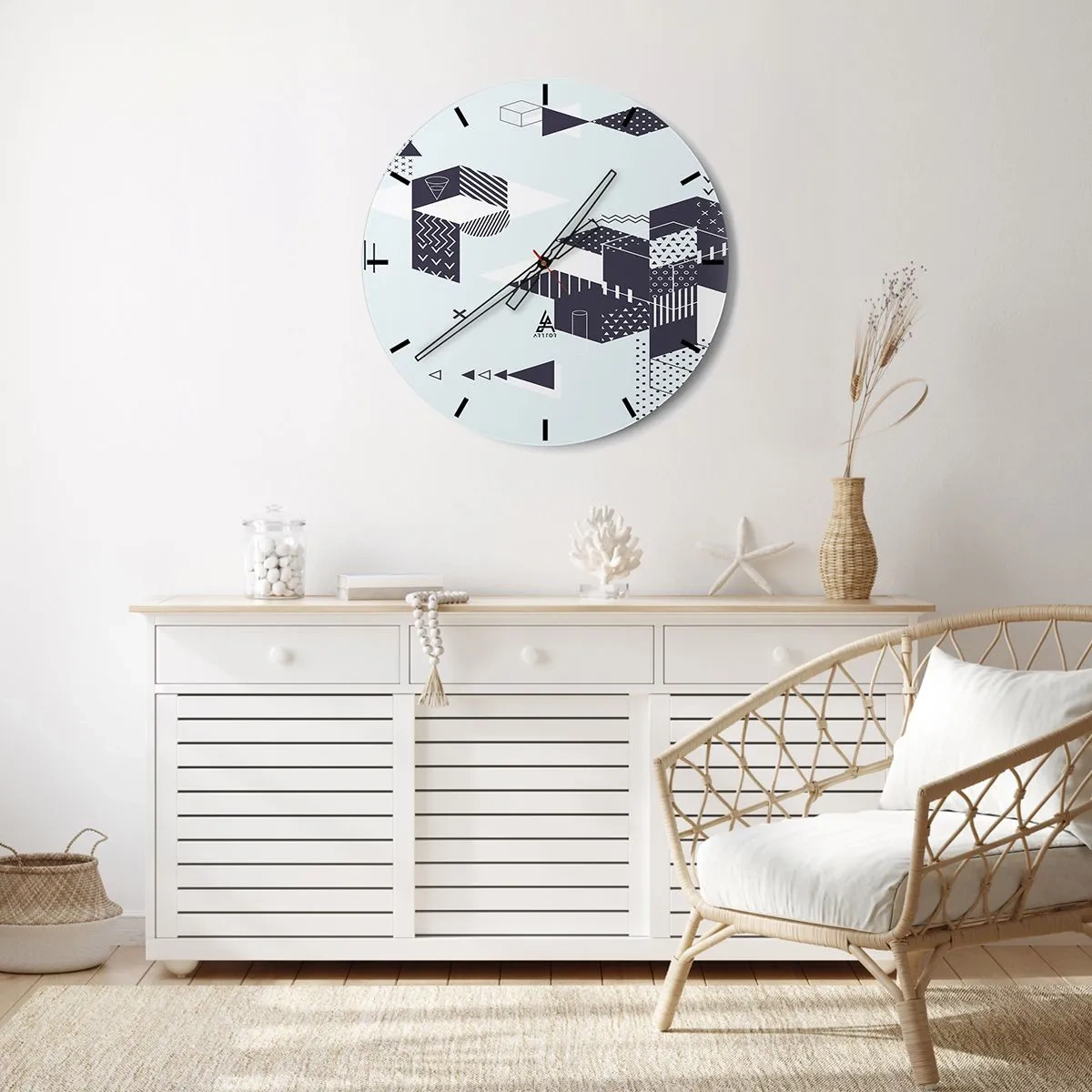 Wanduhr - Glasuhr - Geometrische Muster in Schwarz und Weiß - 30x30cm - In der Seele eines Mathematikers - Moderne Wanddekoration für Wohnzimmer, Küche und Schlafzimmer ARTTOR