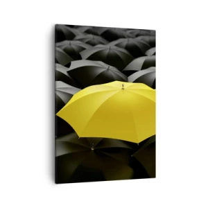 Bild auf Leinwand - Leinwandbild - Ein gelber Regenschirm zwischen schwarzen Regenschirmen - 50x70cm - Auf Wiedersehen Trauer - Moderne Wanddekoration für Wohnzimmer und Schlafzimmer ARTTOR