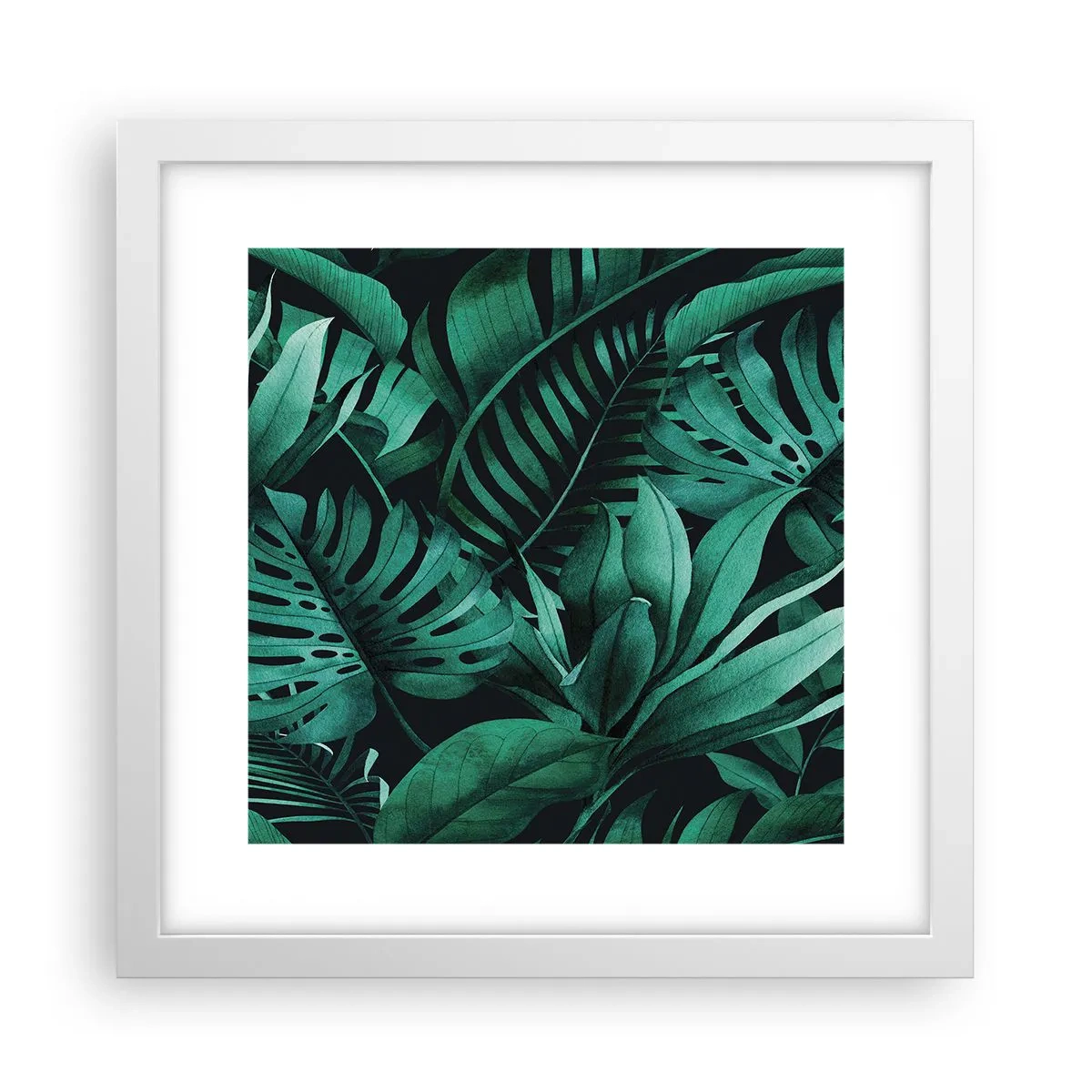 Poster in einem weißen Rahmen - Die Tiefe des tropischen Grüns - 30x30 cm