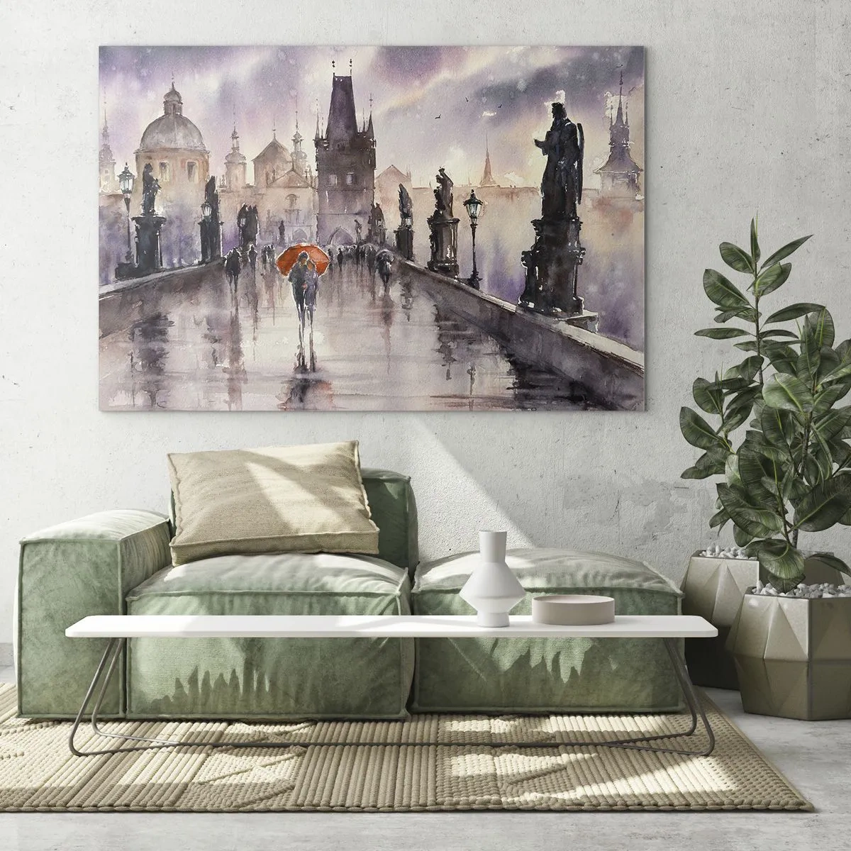 Glasbild - Bild auf glas - Spaziergang im Regen auf einer Brücke mit einem orangefarbenen Regenschirm - 70x50cm - Leute verändern sich nicht - Moderne Wanddekoration für Wohnzimmer und Schlafzimmer ARTTOR