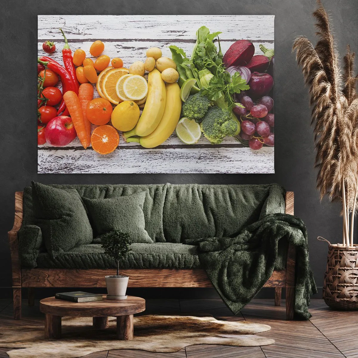 Bild auf Leinwand - Leinwandbild - Buntes Obst und Gemüse auf einem hölzernen Hintergrund - 120x80cm - Es ist nicht genug? - Moderne Wanddekoration für Wohnzimmer und Schlafzimmer ARTTOR