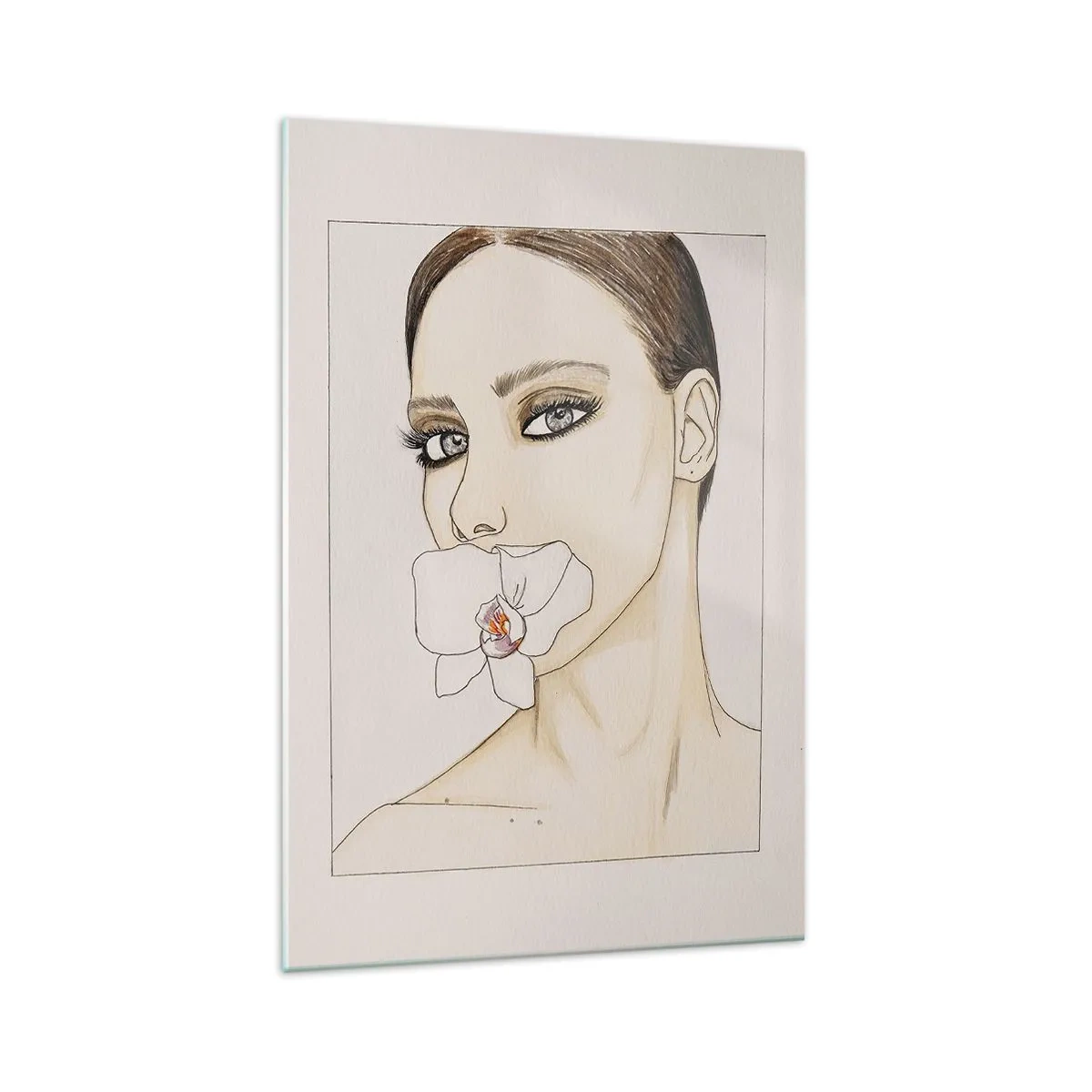 Glasbild - Bild auf glas - Porträt einer Frau mit einer Orchidee in zarten Farben - 70x100cm - Ein Symbol für Eleganz und Schönheit - Moderne Wanddekoration für Wohnzimmer und Schlafzimmer ARTTOR