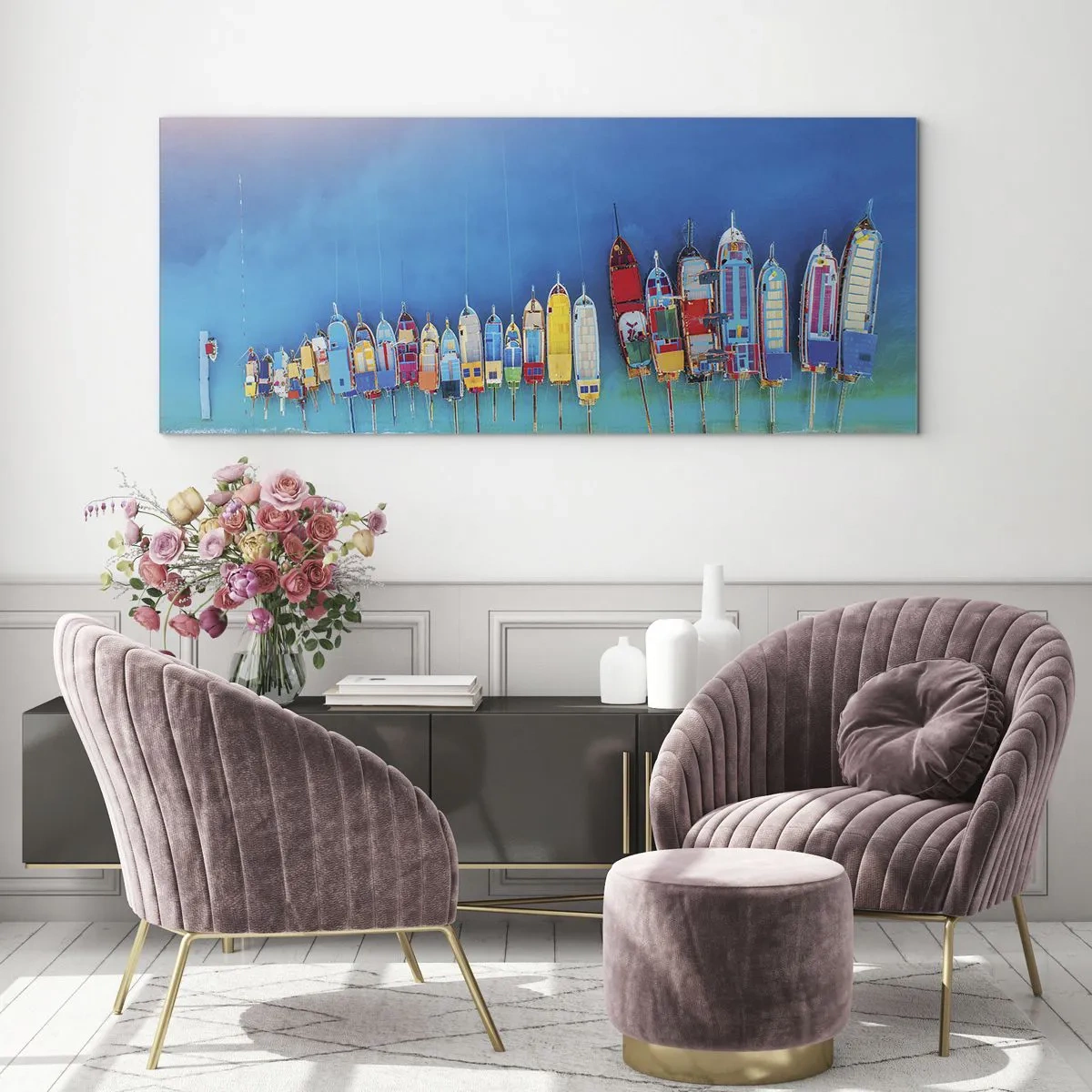 Glasbild - Bild auf glas - Bunte Boote in einer Reihe am Ufer aufgereiht - 140x50cm - Aus der Vogelperspektive - Moderne Wanddekoration für Wohnzimmer und Schlafzimmer ARTTOR