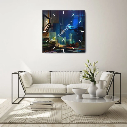 Wanduhr - Glasuhr - Futuristische Stadt bei Nacht mit Neonlichtern und einem fliegenden Fahrzeug - 30x30cm - In naher Zukunft - Moderne Wanddekoration für Wohnzimmer und Schlafzimmer ARTTOR