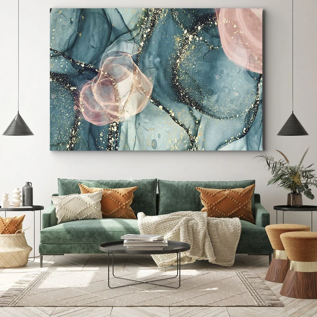 Bild auf Leinwand - Leinwandbild - Eine abstrakte Komposition in Türkis- und Goldtönen. - 120x80cm - Seidenblau, Tüllrosa - Moderne Wanddekoration für Wohnzimmer und Schlafzimmer ARTTOR