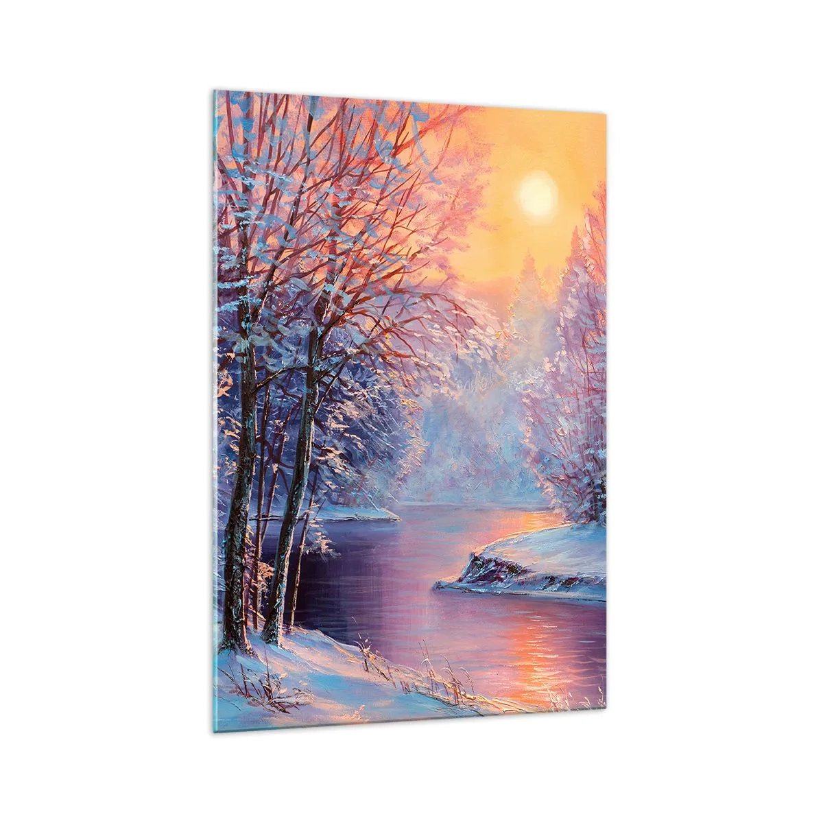 Glasbild - Bild auf glas - Winterlandschaft mit Fluss und Bäumen bei Sonnenaufgang - 70x100cm - Die Farben des Winters - Moderne Wanddekoration für Wohnzimmer und Schlafzimmer ARTTOR