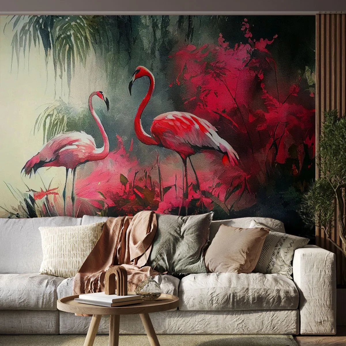 Selbstklebende Fototapete Deluxe Sticker - Lektion in natürlicher Anmut - Flamingos, Stück, Landschaft - 450x315 cm