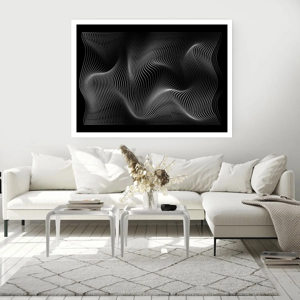 Poster - Abstrakte weiße Linien auf schwarzem Hintergrund - 100x70cm - Lichttanz im Raum - Moderne Wanddekoration für Wohnzimmer und Schlafzimmer ARTTOR