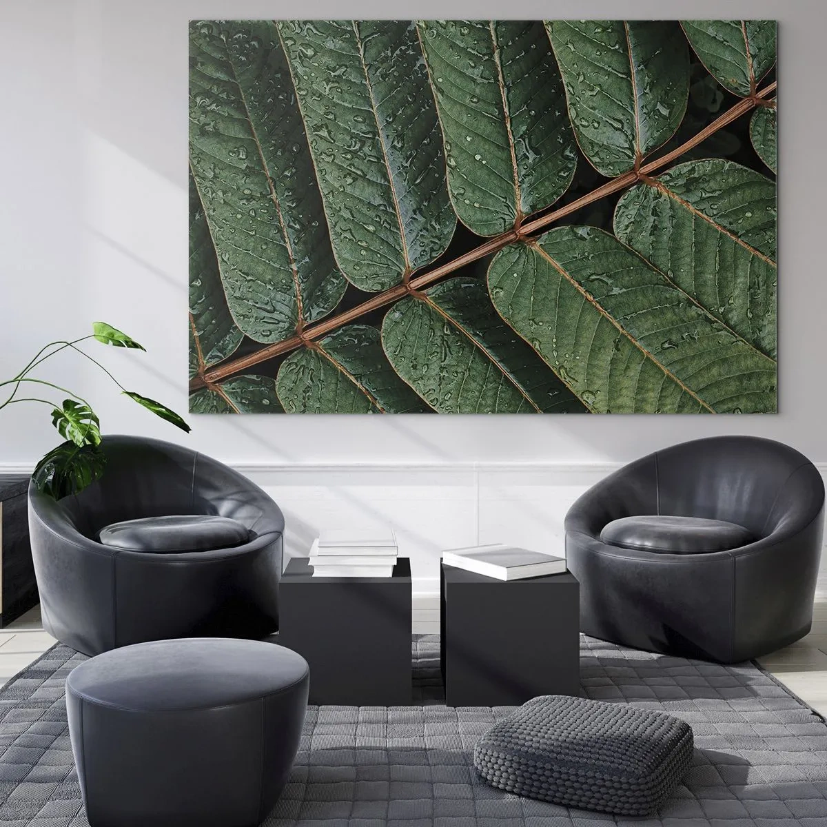 Glasbild - Bild auf glas - Nahaufnahme von grünen Blättern mit Wassertropfen - 120x80cm - Im grünen Rhythmus - Moderne Wanddekoration für Wohnzimmer und Schlafzimmer ARTTOR