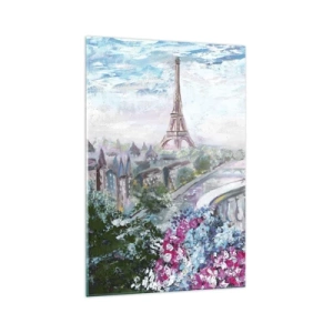 Glasbild - Bild auf glas - Ein romantischer Blick auf Paris mit dem Eiffelturm und einem Balkon voller Blumen - 70x100cm - Am schönsten ist es hier im Mai - Moderne Wanddekoration für Wohnzimmer und Schlafzimmer ARTTOR