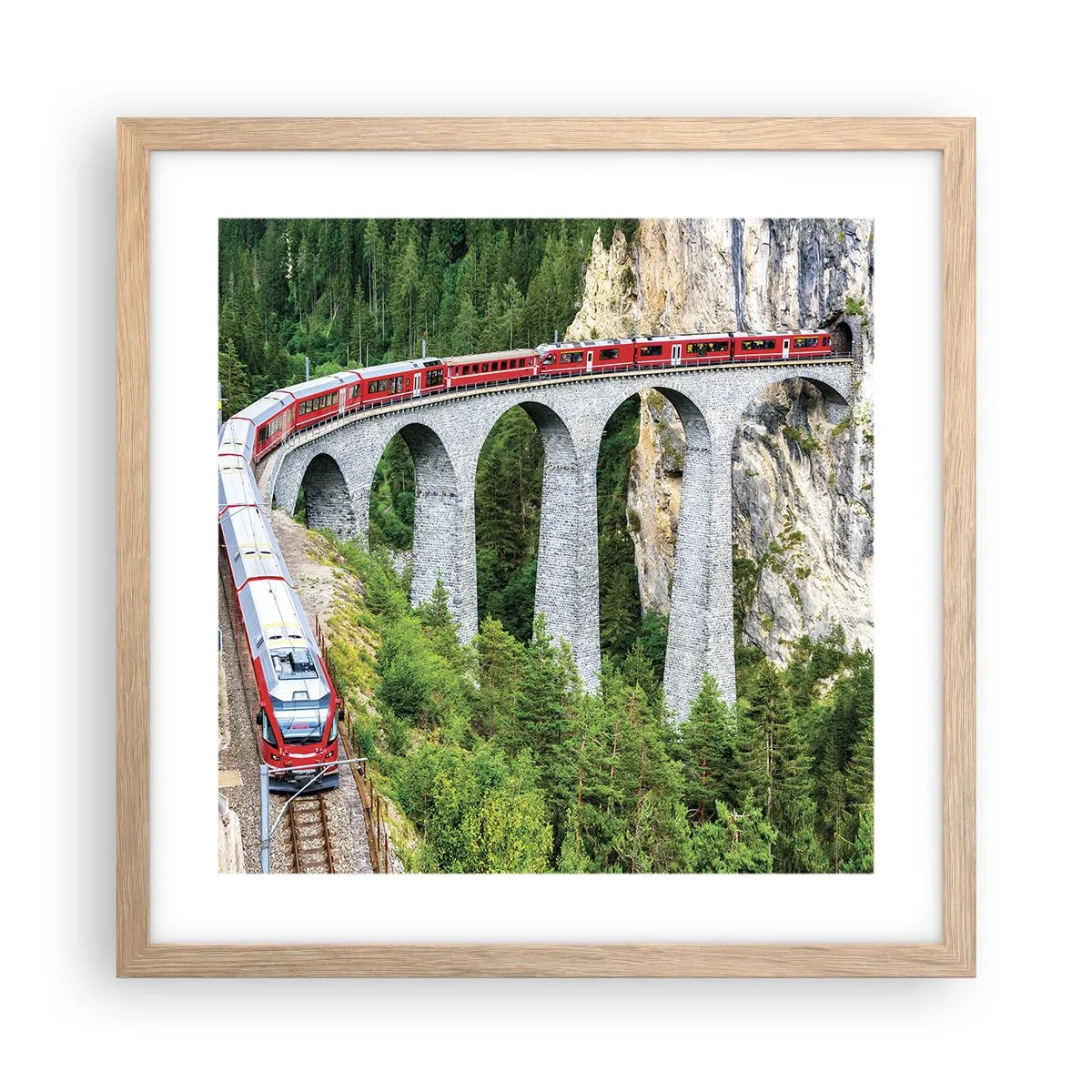 Poster in einem Rahmen aus heller Eiche - Eisenbahn für Bergblick - 40x40 cm