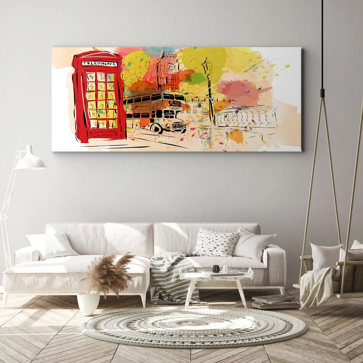 Bild auf Leinwand - Leinwandbild - London-Thema mit rotem Bus und Stand - 140x50cm - Die Stadt der Vielfalt - Moderne Wanddekoration für Wohnzimmer und Schlafzimmer ARTTOR