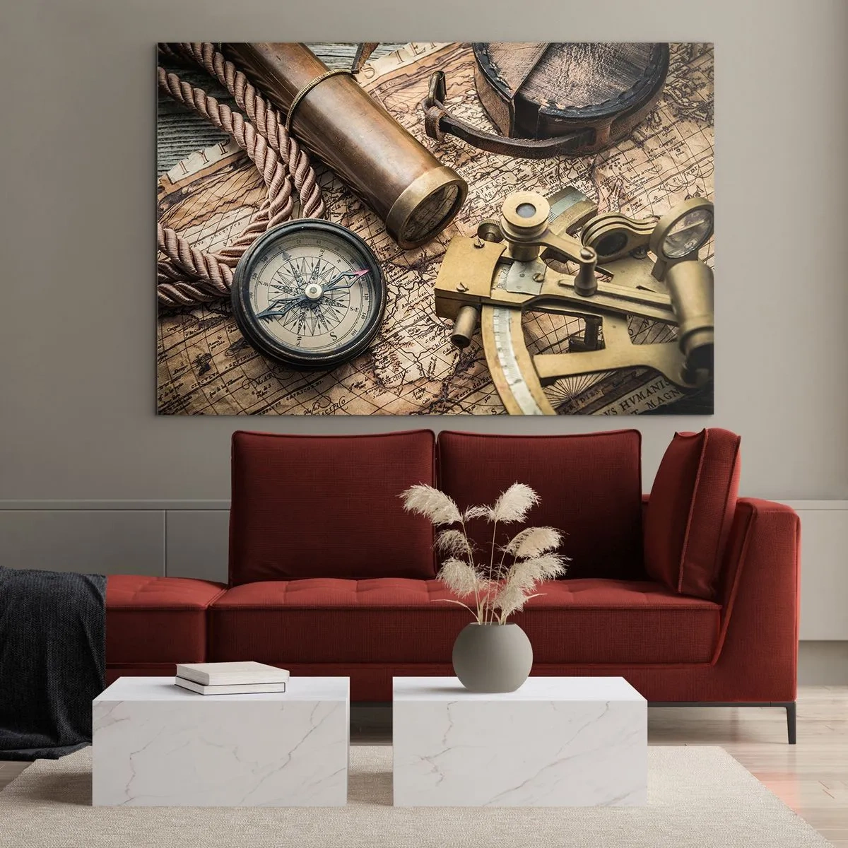 Glasbild - Bild auf glas - Kompass, Karte und Navigationshilfen im Retro-Stil - 100x70cm - Setze Sie einen Kurs - Moderne Wanddekoration für Wohnzimmer und Schlafzimmer ARTTOR