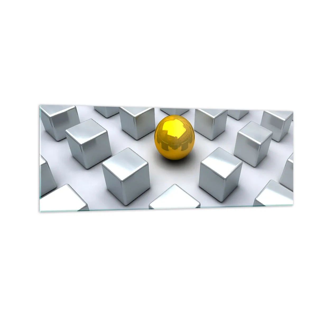 Glasbild - Bild auf glas - Eine goldene Kugel, die zwischen den silbernen Würfeln hervorsticht - 140x50cm - Warum ich? Geometrische Zusammensetzung - Moderne Wanddekoration für Wohnzimmer und Schlafzimmer ARTTOR