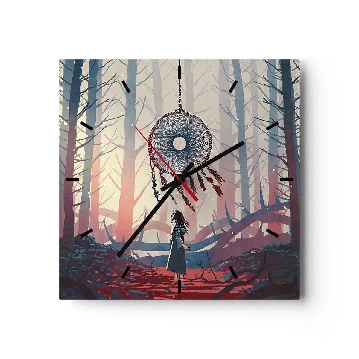 Wanduhr - Glasuhr - Waldszene mit riesigem Traumfänger - 30x30cm - Geheimes Glücksritual - Moderne Wanddekoration für Wohnzimmer und Schlafzimmer ARTTOR