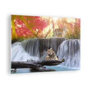 Glasbild - Bild auf glas - Tiger vor einem Wasserfall und Herbstlandschaft - 70x50cm - Surreale Landschaft - Moderne Wanddekoration für Wohnzimmer und Schlafzimmer ARTTOR
