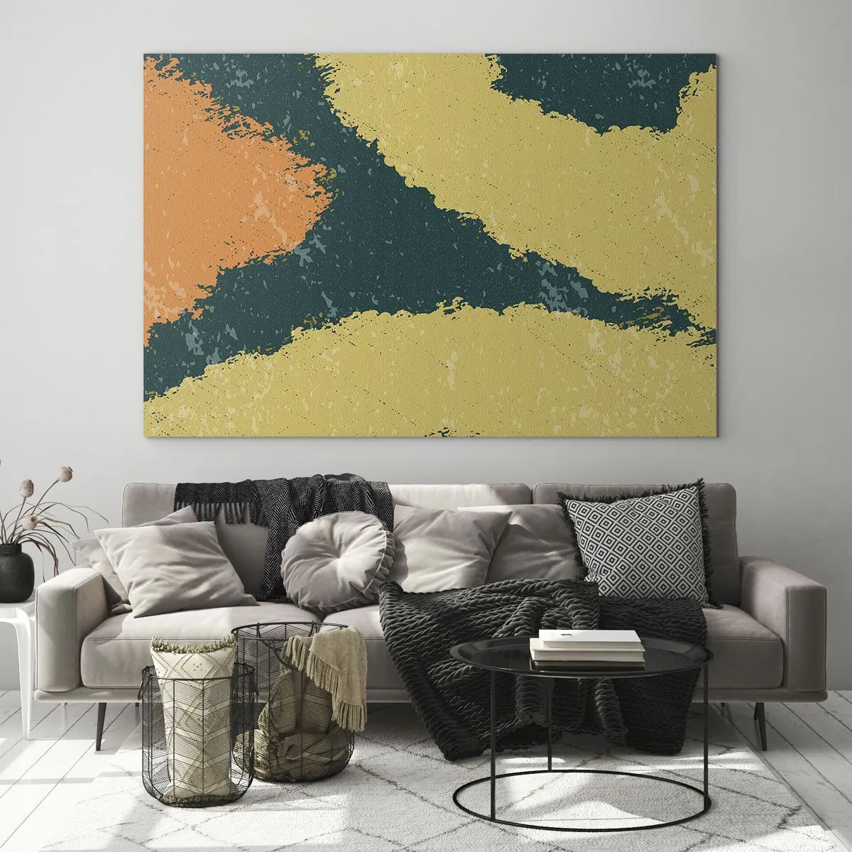 Glasbild - Bild auf glas - Eine fließende Abstraktion in Senf, Grün und Orange. - 70x50cm - Abstraktion – langsame Bewegung - Moderne Wanddekoration für Wohnzimmer und Schlafzimmer ARTTOR