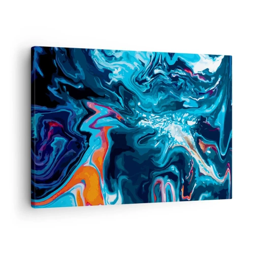 Bild auf Leinwand - Leinwandbild - Ein abstraktes Muster in Blautönen mit orangefarbenen Akzenten. - 70x50cm - Reise ins Zentrum des Himmels - Moderne Wanddekoration für Wohnzimmer und Schlafzimmer ARTTOR