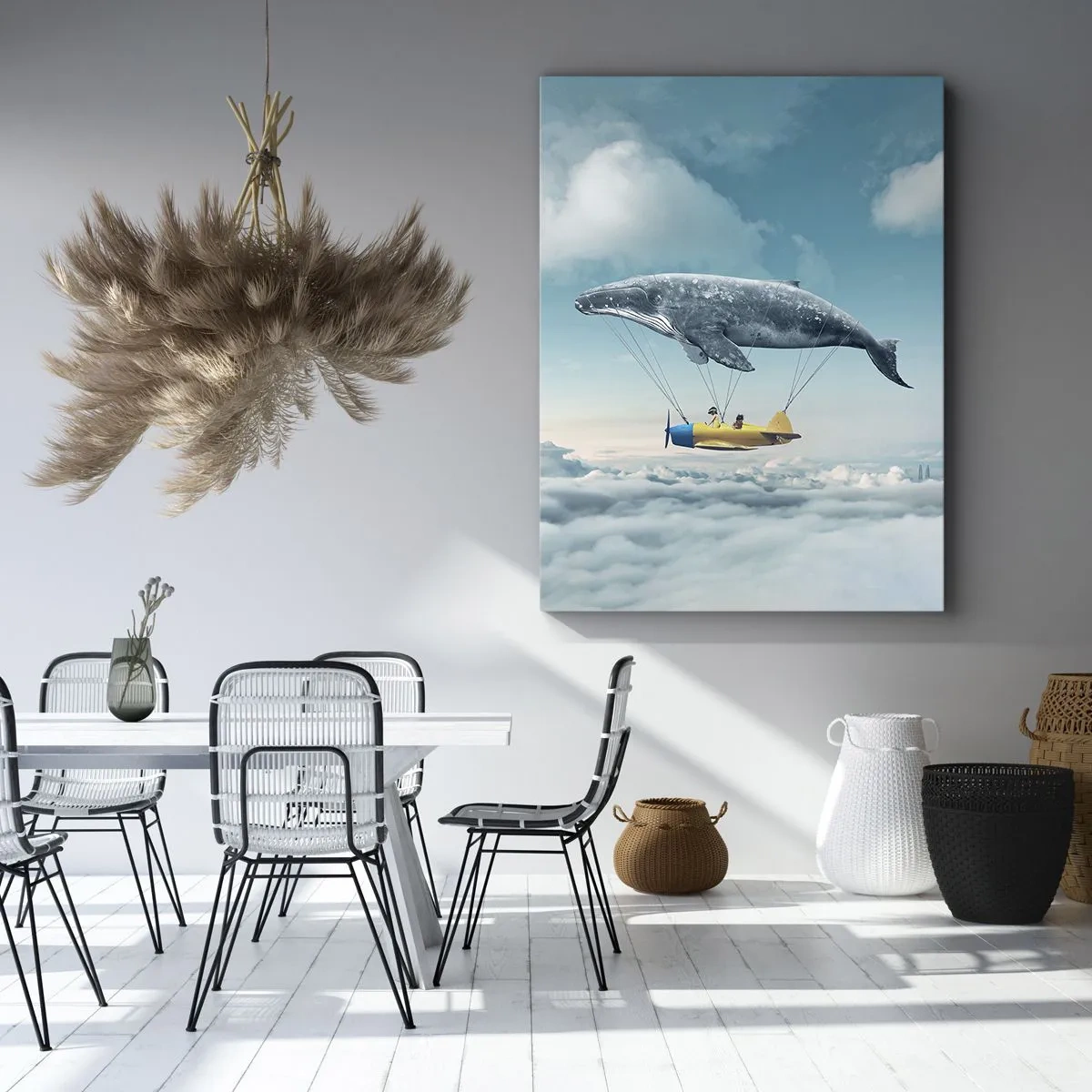 Bild auf Leinwand - Leinwandbild - Ein fliegender Wal trägt ein Flugzeug in einer surrealen Umgebung. - 50x70cm - Warum nicht? - Moderne Wanddekoration für Wohnzimmer und Schlafzimmer ARTTOR
