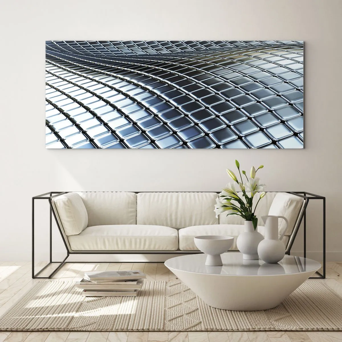 Glasbild - Bild auf glas - Metallische silberne Welle - 90x30 cm
