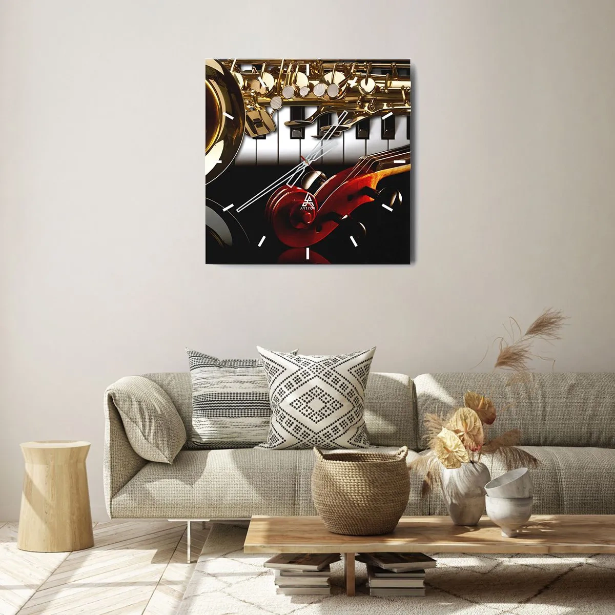 Wanduhr - Glasuhr - Ein goldenes Saxophon, Klaviertasten und eine rote Geige - 30x30cm - Blech, Holz und Elfenbein - Moderne Wanddekoration für Wohnzimmer und Schlafzimmer ARTTOR