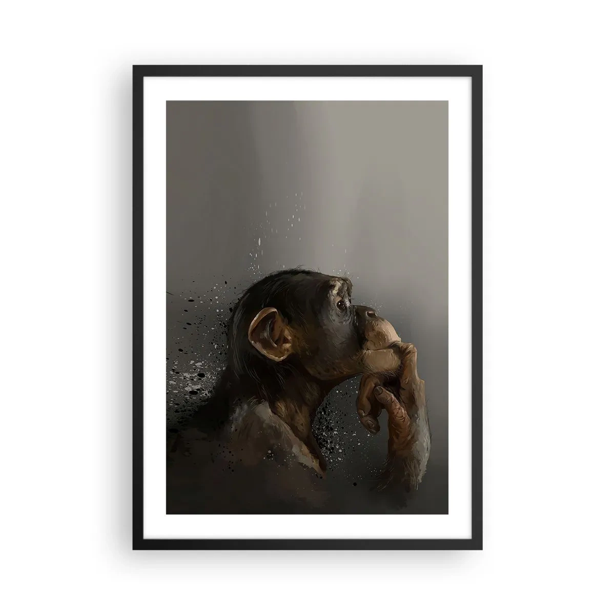 Poster in einem schwarzem Rahmen - Porträt eines denkenden Affen in sanften Grautönen mit abstraktem Hintergrund - 50x70cm - Sicherlich ein Denker - Moderne Wanddekoration für Wohnzimmer und Schlafzimmer ARTTOR