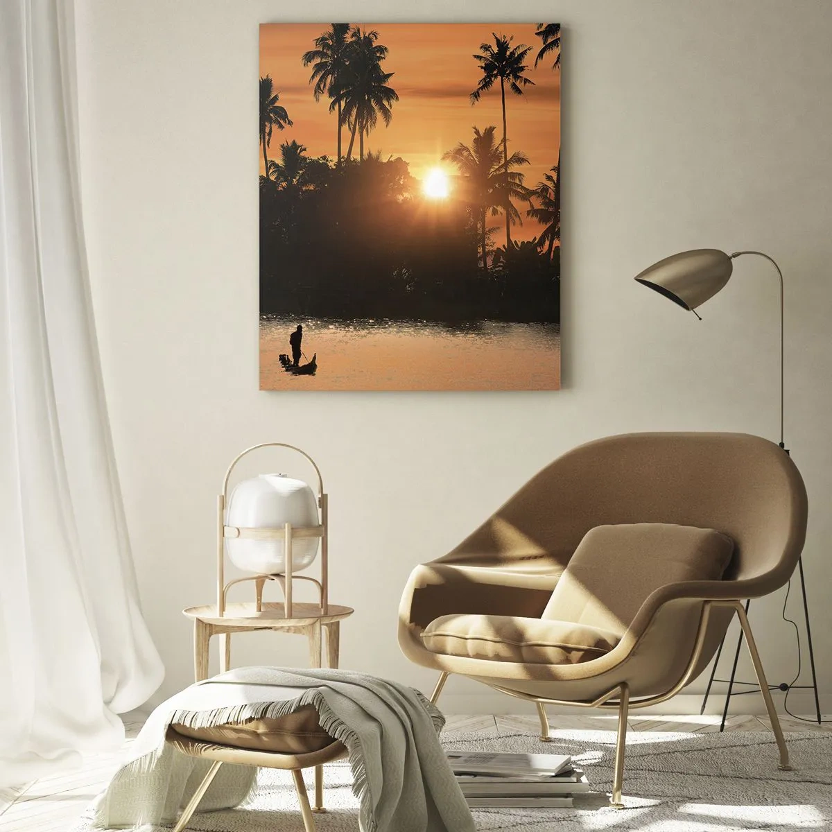 Glasbild - Bild auf glas - Sonnenuntergang über Palmen und einem ruhigen See mit einem Boot - 80x120cm - Zeit zum Entspannen - Moderne Wanddekoration für Wohnzimmer und Schlafzimmer ARTTOR