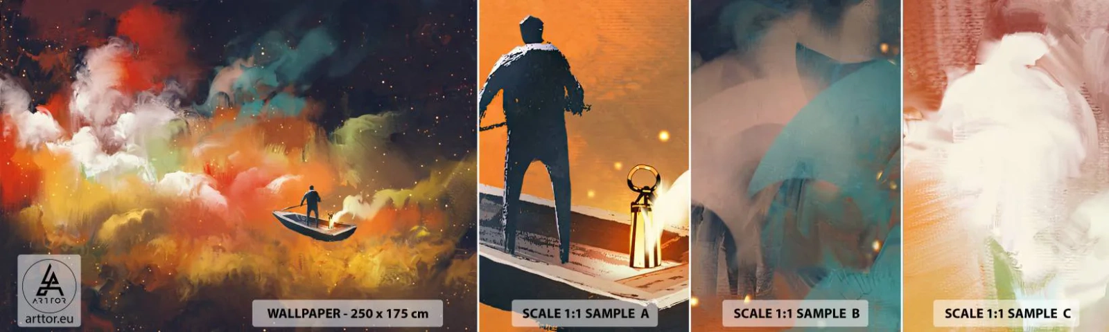 Fototapetenmuster Standard Eco - Mit dem Boot durch die Galaxie - Abstraktion, Fantasie, Reise - 100x30 cm