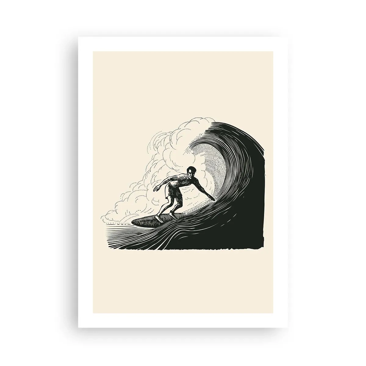 Poster - Retro-Surfer auf Wellengrafik, schwarz-cremefarbene Komposition - 50x70cm - König der Welle - Moderne Wanddekoration für Wohnzimmer und Schlafzimmer ARTTOR