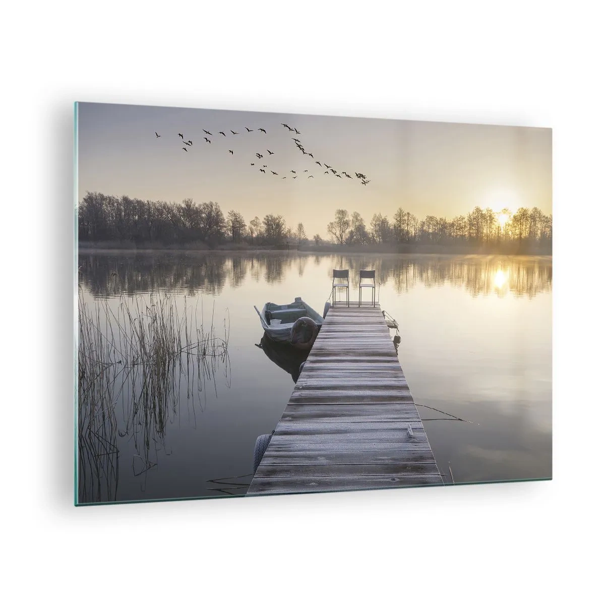 Glasbild - Bild auf glas - Morgen am See mit Pier - 70x50cm - Ich komme nach einiger Zeit zurück - Moderne Wanddekoration für Wohnzimmer und Schlafzimmer ARTTOR