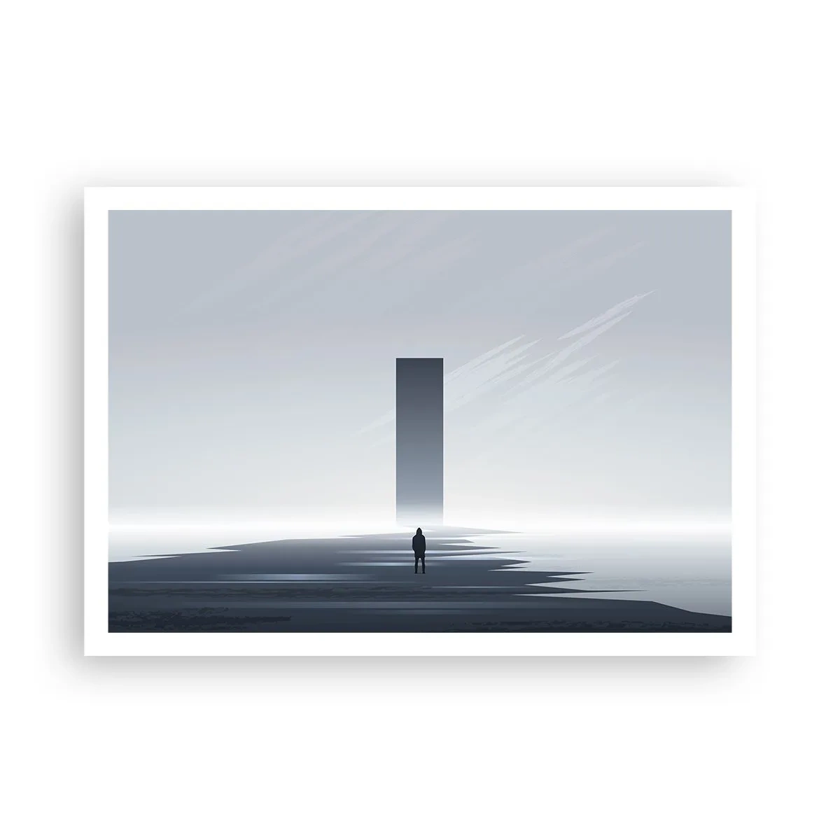 Poster - Eine minimalistische Landschaft mit einer Silhouette neben einem rechteckigen Monolithen - 100x70cm - Chance oder Bedrohung? - Moderne Wanddekoration für Wohnzimmer und Schlafzimmer ARTTOR