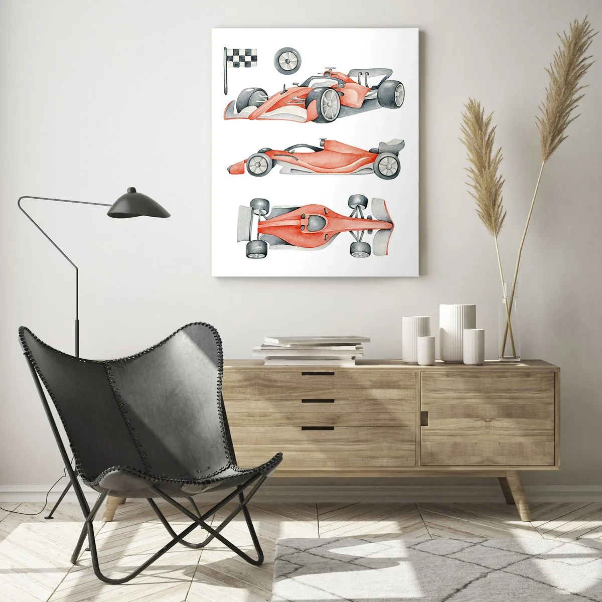 Glasbild - Bild auf glas - Ein roter Rennwagen mit einer Zielflagge - 80x120cm - Dem Traum folgen - Moderne Wanddekoration für Wohnzimmer und Schlafzimmer ARTTOR