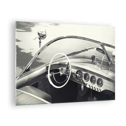 Glasbild - Bild auf glas - Oldtimer-Cockpit in Schwarz und Weiß - 70x50cm - Wetter für die Reichen - Moderne Wanddekoration für Wohnzimmer und Schlafzimmer ARTTOR